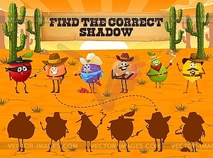 Find correct shadow of cartoon fruit cowboys - vector clipart