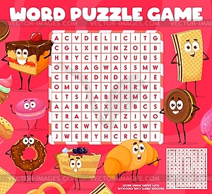 Word search puzzle game, cartoon bakery, sweets - vector image