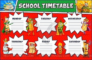 Timetable schedule superhero cartoon tex mex food - vector image