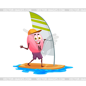 Cartoon vitamin N character on water windsurfing - vector image