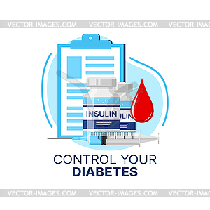 Diabetes control icon, insulin injections, syringe - vector image