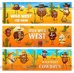 Wild west cartoon cowboy, ranger nut characters - vector clipart