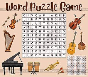 Musical instruments word search puzzle game - vector clipart