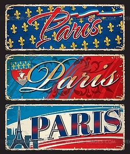 Paris travel stickers, plates, France luggage tags - vector clip art