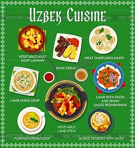 Uzbek cuisine menu, national food of Uzbekistan - color vector clipart