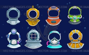 Cartoon kids diver photo booth, underwater helmets - vector clip art