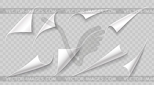 Curly paper page corners, paper sheet turn curls - vector image