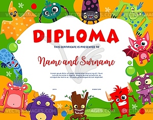 Kids diploma, cartoon funny monsters characters - vector clip art