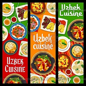 Uzbek cuisine meals banners, food dishes and meals - vector clipart