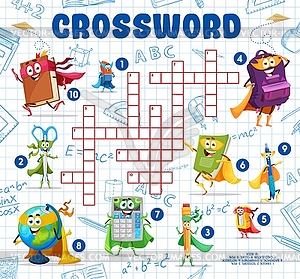 Crossword quiz game, cartoon stationery superhero - color vector clipart