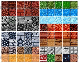 Retro 8 bit pixel surface patterns, stone, bricks - vector clip art