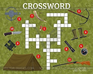 Crossword grid with hunting equipment and weapon - vector image