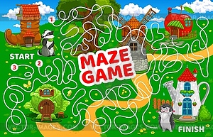 Labyrinth maze game cartoon fairy house buildings - vector clipart