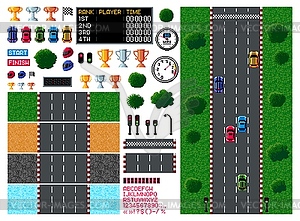 Pixel race, arcade game top view, 8 bit car racing - vector clipart / vector image