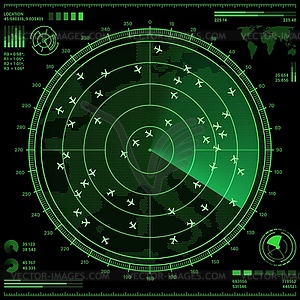 Air control radar screen with airplanes and map - vector image