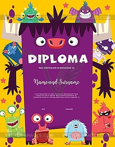 Kids diploma, cartoon funny monster creatures - vector clipart