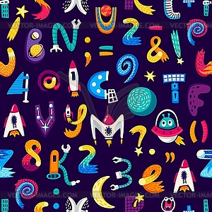 Kids space cartoon letters and numbers pattern - vector clip art