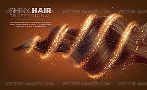 Woman hair protect shampoo, brown strand wave curl - vector image