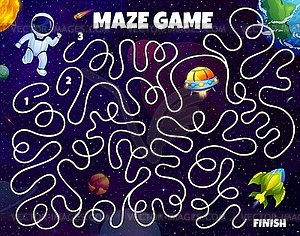 Kids space labyrinth maze, help astronaut in space - vector clipart