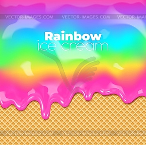 Rainbow sweet drip, ice cream melt flow on waffle - vector image