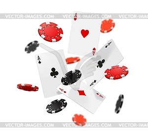 Летающие покерные карты и фишки казино, азартная игра - векторный клипарт