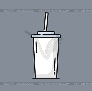 Paper coffee cup with lid and straw thin line icon - vector clipart