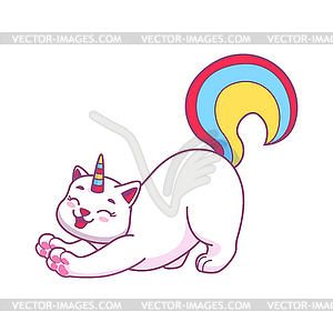 Cute caticorn character stretching with joy - vector image