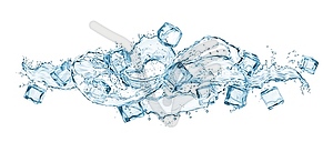 Frozen ice cubes, water wave splashes and drops - vector image