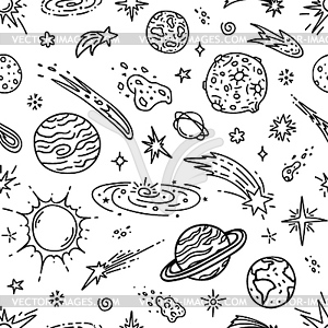 Doodle space planets and stars seamless pattern - stock vector clipart