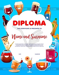 Sommelier and taster diploma with cartoon drinks - vector image