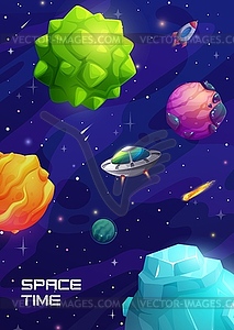 Cartoon space landscape, galaxy planets and UFO - vector clipart