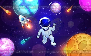 Cartoon astronaut in outer space, rocket spaceship - vector image