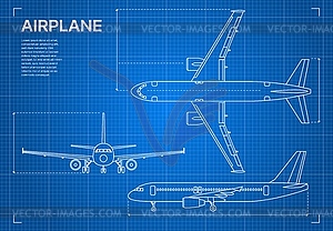 Outline plane aircraft blueprint, airplane design - vector image