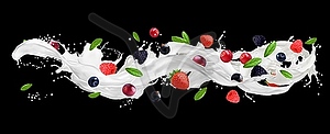 Milk wave splash with berries, white liquid stream - vector image