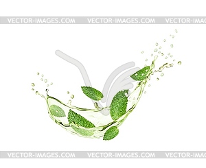 Green herbal tea splash wave with mint leaves - vector clipart