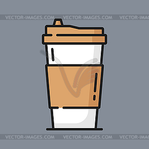 Paper coffee cup with lid thin line icon - vector clip art