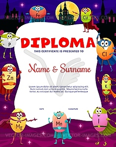 Kids diploma. Cartoon vitamin superhero characters - vector image