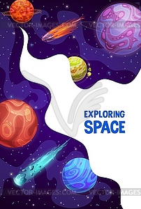 Space exploring poster with planets and asteroids - vector image