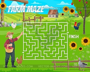 Labyrinth maze, help old farmer find rooster - vector image