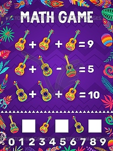 Math game worksheet, mexican guitars and flowers - vector clipart