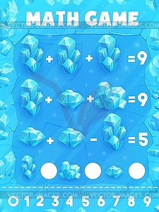 Math game worksheet, ice crystals and cubes - vector clip art