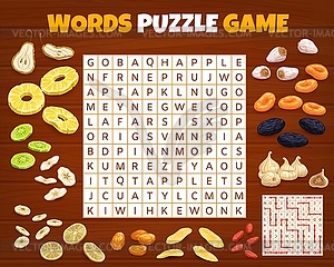 Dried fruits word search puzzle game worksheet - vector clipart