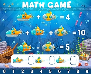 Math game cartoon underwater submarines worksheet - vector clipart