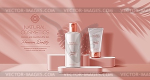 Pink podium with palm leaves and cosmetics mockup - vector image