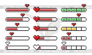 Pixel heart loading bars, 8 bit video game assets - vector clip art