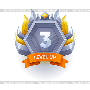 Game level up and win metal badge, icon - vector clipart