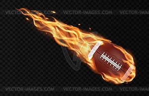 Flying American football ball, fire flame trails - vector image