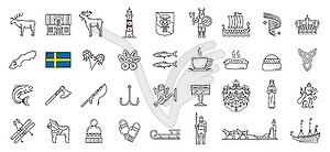 Sweden country culture, history outline icons set - vector clipart