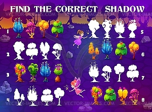 Find correct shadow, magic alien trees, plants - vector image