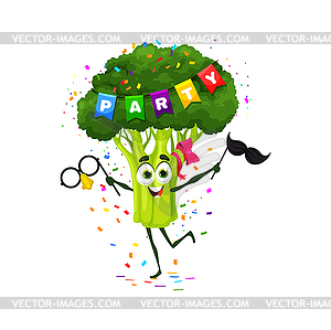 Cartoon broccoli vegetable character on party - vector image